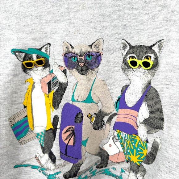 Vintage '90s Cute Cat Kitten Sweatshirt size large cats beach pool sunglasses *r - Picture 5 of 15